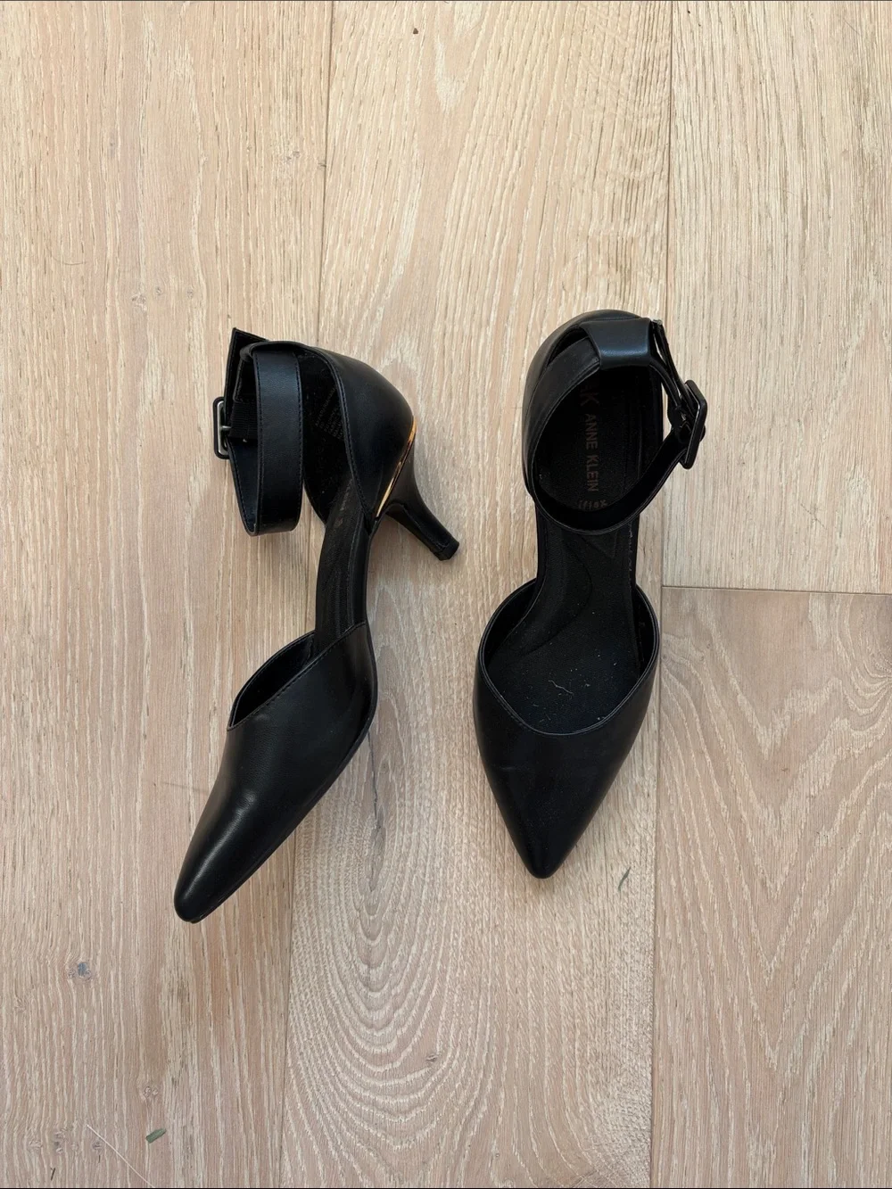 Anne Klein Black Pointed-Toe Ankle-Strap Heels